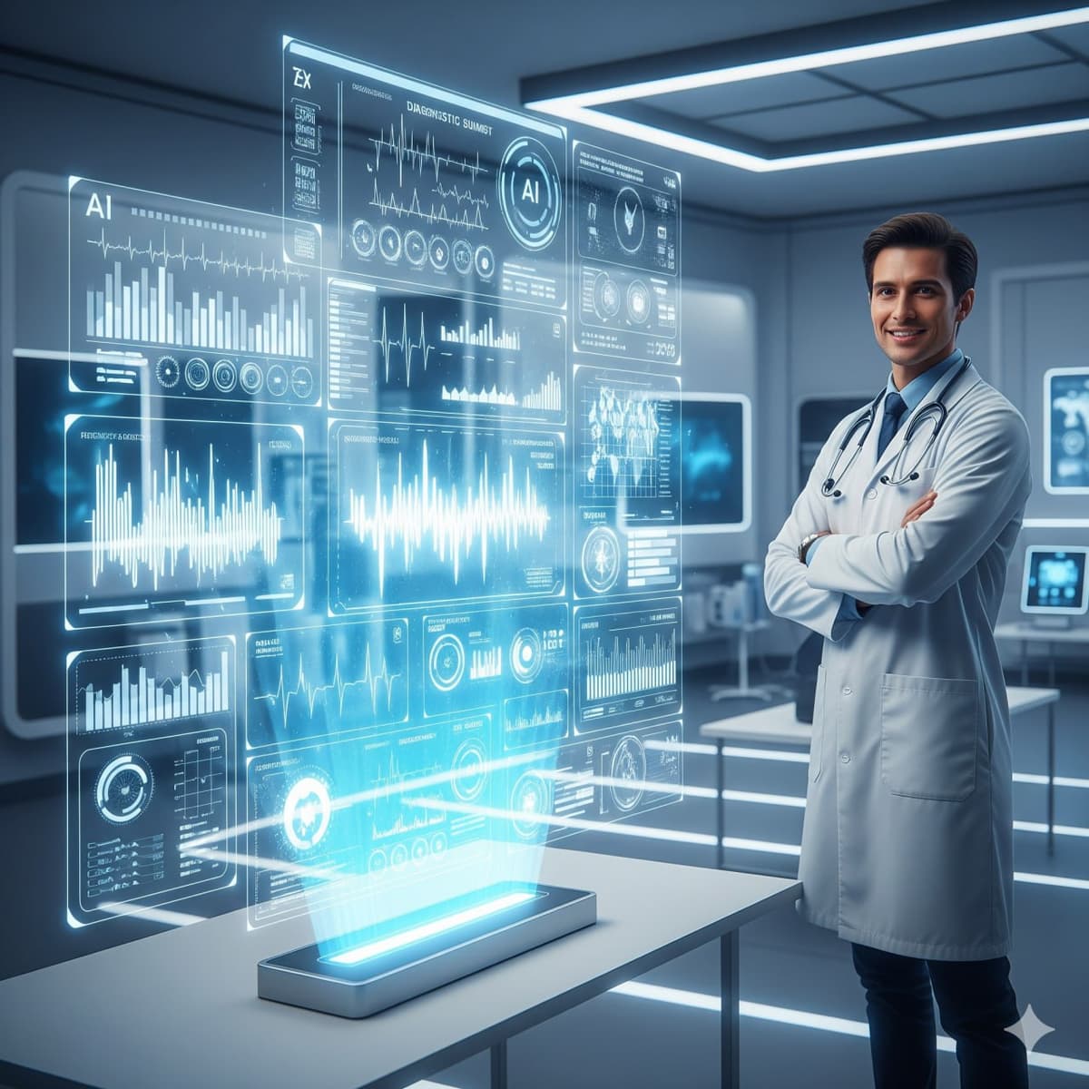 A smiling clinician using a tablet in a modern medical facility.